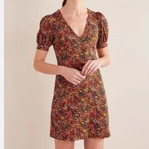 Boden  Floral Jersey Mini Dress Puff Sleeves V Neck Cotton Womens size 6L